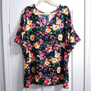 Bright Night Blooms Top Haptics By Designer Holly Harper Ruffle Sleeve Plus Size